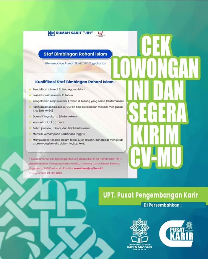 Dicari Staff Bimbingan Rohani Islam di Rumah Sakit JIH Yogyakarta