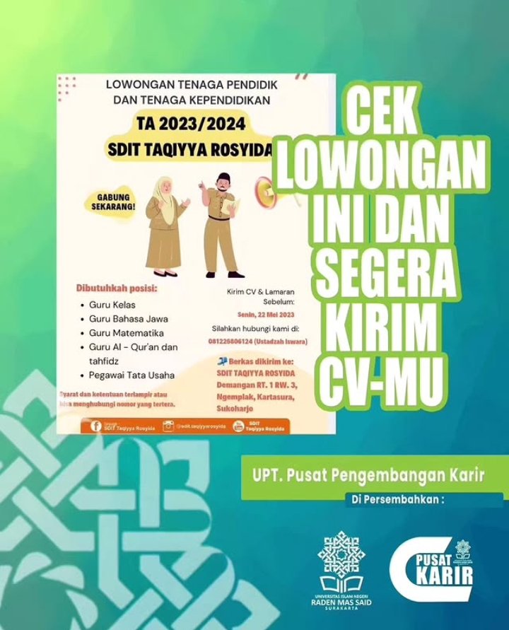 Lowongan Tenaga Pendidik dan Tenaga Pendidikan di SD IT Taqiyya Rasyida