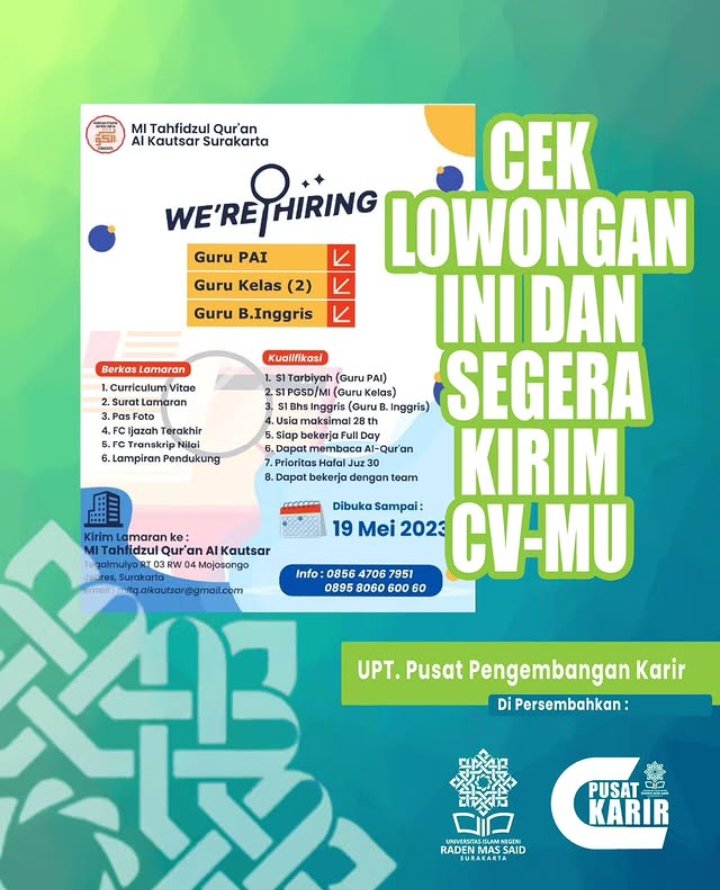 We Are Hiring: Guru PAI, Guru Kelas 2, Guru B. Inggris di MI Tahfidzul Quran Al Kautsar Surakarta