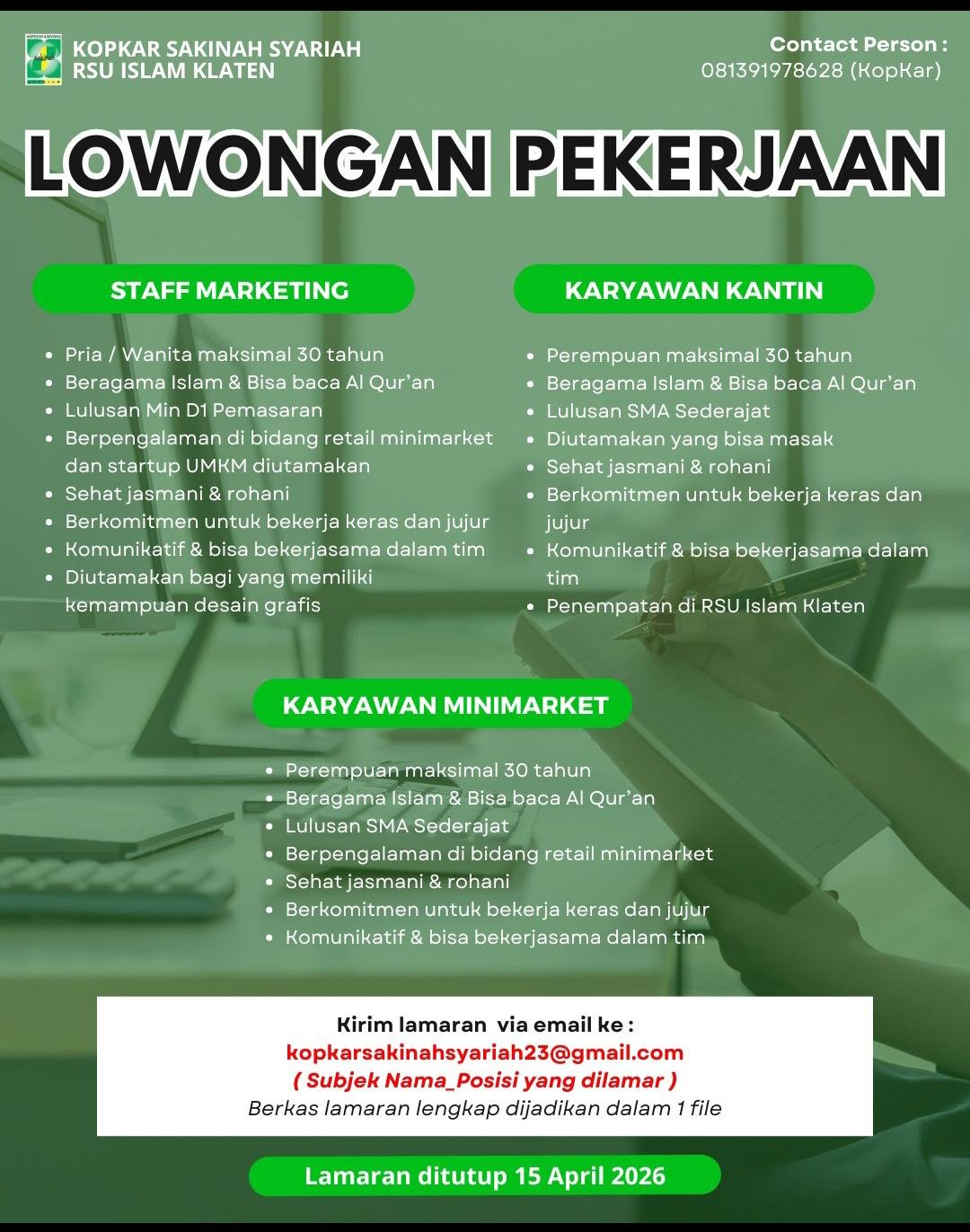 Koperasi Karyawan Sakinah Syariah RSU Islam Klaten Buka Tiga Posisi Pekerjaan