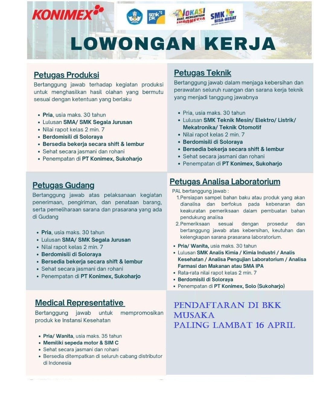 INFO LOWONGAN KERJA TERBARU BKK MUSAKA PT KONIMEX membuka kesempatan berkarir !