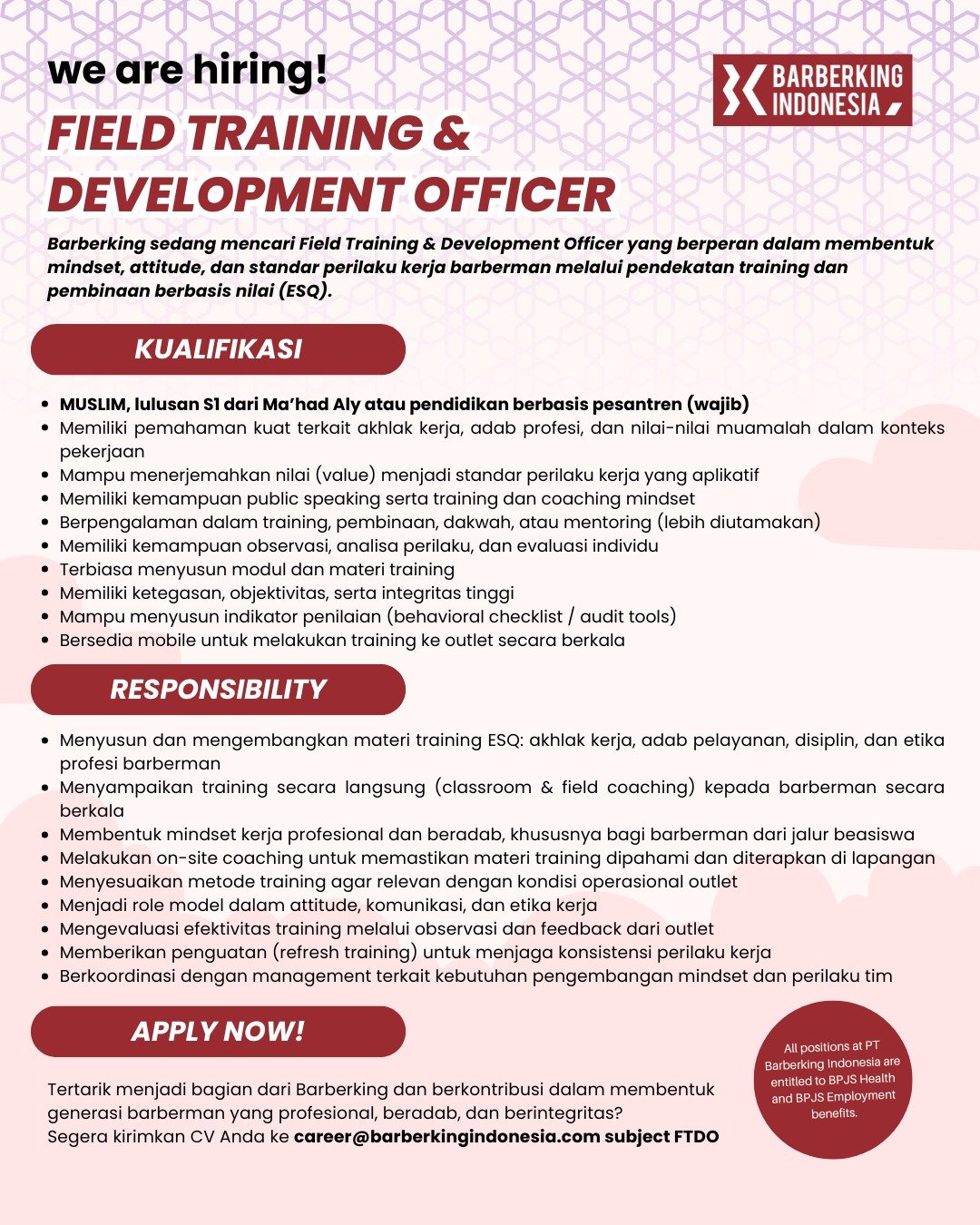 WE ARE HIRING: FIELD TRAINING & DEVELOPMENT OFFICER
